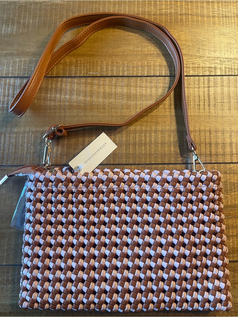 Anthropologie Kalani Woven Crossbody Bag in Brown and Pink